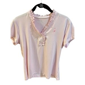 Lady Hagen Pink Ruffle V-Neck Golf Polo Shirt Breast Cancer Awareness Ribbon S